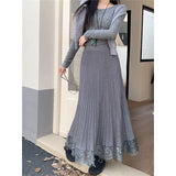Purpdrank  Elegant Knitted Midi Skirt Women Fashion Lace Patchwork Black Pleated Skirts Winter Ladies Korean High Waist A Line Faldas New