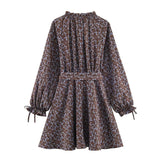 Purpdrank  Women Black Floral Print Flare Long Sleeve Chiffon Dress Stand Collar Slit Backless Ruffles Hem Mini Shirt Dresses Robe