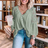 Purpdrank  Faionable Women's S2XL Blouse Lace irt Tops Summer Lady's Long Sve Cotton V-Ne Hollow out Splicing Bellsve