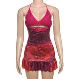 Purpdrank  Rhinestone Sequins Sexy Backless Crochet Tube Top and Mini Ruffles Skirts Matching Sets 2025 Summer Two Piece Women Outfit Print