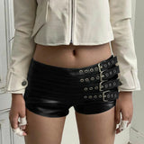 Purpdrank  Dark Pu Leather Shorts Gothic Multi-Strap Buckle Eyelet Detail Low-Waisted Shorts Punk Style Streetwear Party Bottoms Women