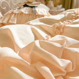 Purpdrank  100% Cotton Korean Princess Style Three-layer Ruffles Bow Bedding Set Duvet Cover Bed Skirt Bedspread Pillowcases Wedding Gifts