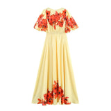 Purpdrank  Summer Short Sleeve V Neck Long Dress Women Yellow Positioning Print A-Line Bohemian Casual Beach Dress