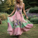 Purpdrank  Sexy Hollow Deep V Neck Bohemian Vacation Dress Spring Retro Flower Print Swing Woman Dresses Summer Sleeveless Strap Maxi Dress