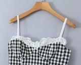 Purpdrank  Sexy Black White Plaid Spliced Lace With Wire Chest Corset Camis Women Side Zipper Crop Top Camisoles Bra Tank Vest