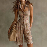 Purpdrank  Spring Summer New Romantic Small Floral Print Shirt Collar Sleeveless Slim Fit Sexy Lace Trim Romper Shorts
