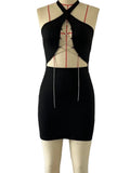 Purpdrank  Women Sexy Halter Neck Bodycon Mini Dress Summer Backless Cutout Chain Party Club Cocktail Dress
