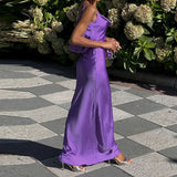 Purpdrank  Elegant Backless Hollow Out Suspender Dress Women Sexy V-neck Sleeveless Satin Long Dress Fashion Hight Waist Pleat Party Dress