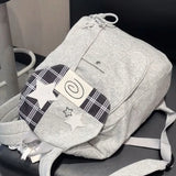 Purpdrank  Checkered Backpack Women Y2k Large Capacity Soft Canvas Black Gray Covered Type Drawstring Drawstring Travel Commuting Backpack