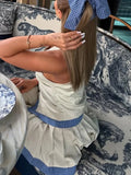 Purpdrank  Stylish Sleeveless Button Front Two Piece Set with Blue Trim and Pleated Mini Skirt Perfect for Brunch Dates and Garden Parties