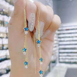 Purpdrank Temperament Crystal Star Tassel Drop Earrings For Women New Long Ear Line Bowknot Leaves Earrings Girls Wedding Party Jewelry
