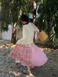 Purpdrank  Harajuku Plaid Midi Skirt Women Japanese Lace Patchwork Skirts Summer Korean Fashion High Waist Casual A Line Faldas New