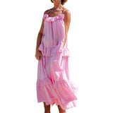 Purpdrank  Beach Dresses y2k Women Solid Color Spaghetti Strap Sleeveless Swing Tiered Ruffled Long Dress Vacation Party Dresses