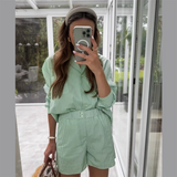 Purpdrank  autumn new women's clothing fashion temperament slim fit commuting versatile striped printed shirt top shorts set