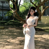 Purpdrank  Elegant Slim Fit Long Dress Summer New Style Tea Break Fish Tail Gown Square Collar Ladylike Pleated A-Line Dress