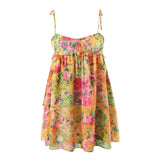 Purpdrank  Women Bow Lacing up Sling Robe Holiday BOHO Ruched Chest Orange Flower Print Spaghetti Strap Mini Dress