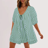 Purpdrank  Summer New Womens Fashionable Deep V-neck Tie Up Short Sleeved Striped Printed Jumpsuit Shorts Loose Casual Wide Leg Capris