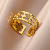 Purpdrank - Stainless Steel Rings for Women Jewelry Accessories Simple Vintage Gold Color Electroplated Adjustable Double Layer Wide Ring