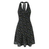 Purpdrank  Sexy Black Floral Print Spliced Lace Bow Halter V Collar Backless Mini Dress Women Elastic Zipper Back A-line Short Robe Holiday