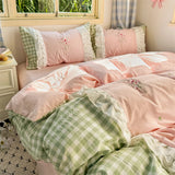 Purpdrank  Korean Princess Style Double Layer Lace Flower Embroidery 100% Cotton Bedding Set Plaid Style Duvet Covers Bed Sheet Pillowcases