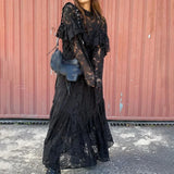 Purpdrank  Vintage O Neck Embroidery Ruffle Stitching Lace Mesh Long Dress Women Sexy Hollow Perspective Loose Party Dresses for Women New