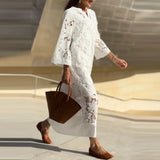 Purpdrank  Autumn Sexy Lace Embroidery Cover Up Dress Women Elegant V-neck Long Sleeves Long Dress Spring Casual Loose Solid Party Dresses