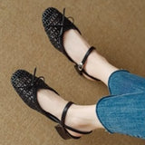 Purpdrank  High-quality square-toed bow high-heeled sandals, 2025 summer new hollowed-out fashionable woven casual mid-heeled women's shoes