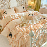 Purpdrank  100% Cotton Korean Princess Style Three-layer Ruffles Bow Bedding Set Duvet Cover Bed Skirt Bedspread Pillowcases Wedding Gifts