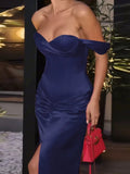 Purpdrank  Women Elegant Hight Waist Satin Long Dress Fashion Split Draped Solid Evening Party Dress Sexy One Shoulder Banquet Gowns Dress