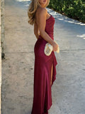 Purpdrank  Women's Elegant Burgundy Satin One Shoulder Bodycon Maxi Dress Ruched High Slit Formal Party Dress