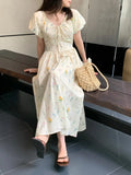 Purpdrank  Summer Bohemian Floral Printed Women's A-line Dress 2025 New V-neck Puff Sleeve Casual Loose Umbrella Long Dress Female