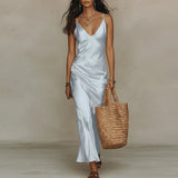 Purpdrank  Spring Summer Bohemian Beach Vacation Dress Sexy Deep V Neck Solid Satin Long Dress New Sleeveless Hollow Out Women's Maxi Dress