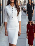 Purpdrank  Casual Long Sleeve Slim Fit Midi Dress Women Elegant Lapel Button Solid Party Dress Spring Autumn Fashion Commuting Skinny Dress