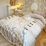 Purpdrank  100% Cotton Vintage French Pleated Lace Ruffles Bow Princess Bedding Set Duvet Cover Set Bed Skirt Bedspread Pillowcases