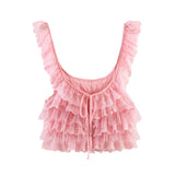 Purpdrank  Creamy Lace Ruffled Layered Strappy Top Women Blouses Vintage Sleeveless O Neck Cropped Camisole Boho Beach Sheer Tanks Tops