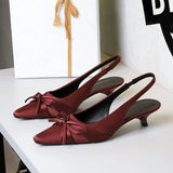 Purpdrank  French Banquet Silk Bow Thin Heel Shallow Mouth Single Shoes Women Pointed Toe Low Heels Back Empty Trip Strap Women's Shoes