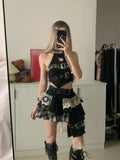 Purpdrank  Summer Spicy Girl Vintage 2 Piece Sets Y2k Lace Splice Sleeveless Tops + Irregular Mini Skirt Female Punk Style Design Outfits