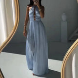Purpdrank  Sleevelss Backless Hollow Out Corset Evening Ceremoney Dress Sexy Summer Halter Folds Long Dress for Women 2025 Elegant Chic Y2K
