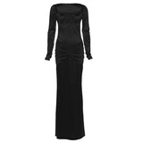 Purpdrank  Women's Elegant Champagne Square Neck Long Sleeve Maxi Dress New Stylish Ruched Slim Bodycon Dress for Eveing Party Gown