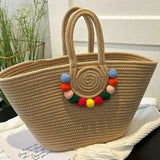 Purpdrank  Portable Straw Woven Tote Bag Handmade Large Capacity Shoulder Bags Hollow Out Button Braided Underarm Bag Women