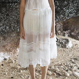 Purpdrank   Holiday White Spliced Lace Semi Sheer Long Skirt Women Bow Lacing up Elastic Waist See Through A-lined Midi Skirts Boho