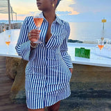 Purpdrank  Streetwear Casual Striped Print Shirt Dress for Women Long Sleeve Turn-down Collar Single Breasted Loose Mini Dress Clubwear