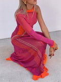 Purpdrank  Women Sexy Y2k One Shoulder Long Sleeve Crochet Knit Long Dress Summer Beach See Through Party Grunge Club Cover Up Outfits