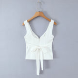 Purpdrank  Sexy White V neck Low Ruched Bra Chest Tank Tops Women Tie Bow Sashes Zipper Back Crop Tank Girl Tee