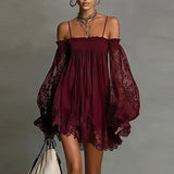 Purpdrank  Bohemian Solid Lace Trim Off Shoulder Party Dresses Woman Long Puff Sleeve Flowy Mini Dress Spring Summer Backless Holiday Dress