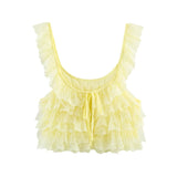 Purpdrank  Creamy Lace Ruffled Layered Strappy Top Women Blouses Vintage Sleeveless O Neck Cropped Camisole Boho Beach Sheer Tanks Tops