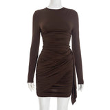 Purpdrank  Long Sleeve Ruched Mini Dress Women Fashion Brown O Neck Long Sleeve Slim Bodycon Dress for Daily Office Dating Outfits