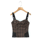 Purpdrank  Sexy Ruched Wire Bra Coffee Plaid Camis Women Spliced Black Mesh Waist Back Zipper Crop Top Camisoles Bra Tank Vest