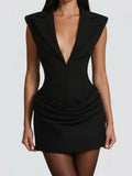 Purpdrank  Elegant Sleeveless Bodycon Dress for Women Fashion Solid Deep V Neck Shoulder Padded Slim Ruched Office Date Night Outfit