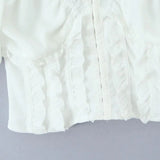 Purpdrank  Sweet White Embroidery Hollow Out Hole Splice Lace Elastic U Collar Short Sleeve Shirt Women Center Buttons Slim Crop Tops